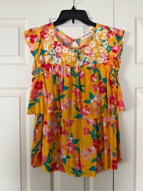 Impressions Yellow Floral Ruffle Tiered Blouse
